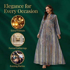 ชุดเดรสยาวพิมพ์ลายประดับลูกปัดสำหรับผู้หญิงมุสลิม ทรงพลิ้วสวยสง่าสำหรับงานกลางคืน ผลิตโดยโรงงาน OEM - Product Image 4