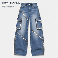 Jean cargo large en denim jacquard délavé vintage personnalisé pour femme, avec coutures incurvées et strass, idéal pour les soirées en club