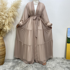 Abito estivo 2025 Dubai Jalabiya modesto abito con perline da donna a manica lunga strass aperto Abaya <span class=keywords><strong>hijab</strong></span> abiti firmati - Product Image 1
