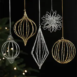 Groothandelsprijs Goud Kerst Ijzeren Draad Holle Bal Kerstboom Ornamenten Decor Opknoping Boom Hanger Oudejaarsavond Decoraties