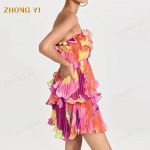 Abbigliamento personalizzato estate donna stampa floreale senza spalline corto parzialmente elasticizzato arricciato spalline aperte dietro Mini abiti Sexy - Product Image 3