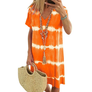 <span class=keywords><strong>Vestido</strong></span> Casual de Verano, Estilo Bohemio, Color Liso Brillante, Estampado Tie Dye, Corte Holgado, Cuello en V, Manga Corta, <span class=keywords><strong>Vestido</strong></span> Midi para Vacaciones en la Playa - Product Image 3