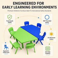 Juego de Mesa y Sillas de Plástico Ecológico Moderno para Niños, 2 Mesas y 6 Sillas, Mesa de Actividades Hexagonal Verde y Azul para Jardín de Infancia y Preescolar