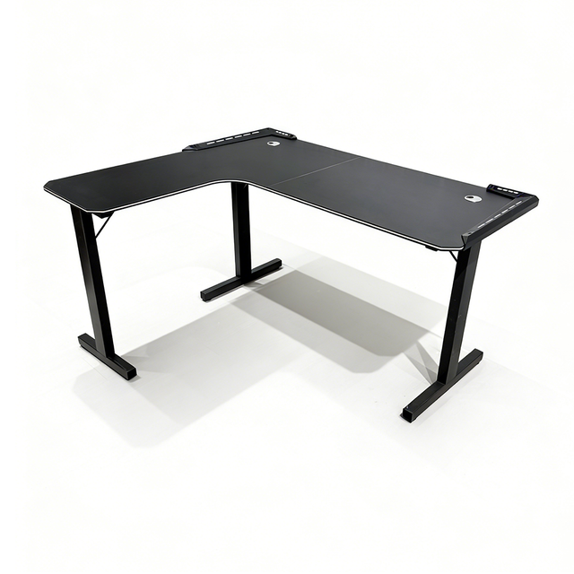 Ergonomic L Shape Black Gaming Desk with RGB LED Strip, MDF Surface Ergonomic Computer Desk with Headphone Hook & Cup Holder