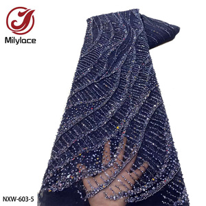 جميل الزفاف الذهب الترتر تول صافي الدانتيل النسيج الفاخرة التطريز الثقيلة مطرز الدانتيل النسيج لفستان الحزب - Product Image 5