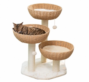 Arbre à chat moderne en bois, multi-niveaux, avec paniers en rotin, maisonnette en osier, perchoir de fenêtre, griffoir et structure d'escalade, en carton - Product Image 2