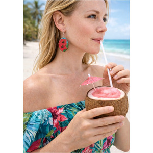 ต่างหูลายดอกไม้เขตร้อนวาดด้วยมือ ต่างหูไม้สีเขียวอมฟ้ารูปดอกชบา - Product Image 2