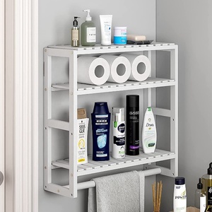 Adjustable 3-Tier <strong>Floating</strong> Bamboo Bathroom Organizer <strong>Shelves</strong> Black over Toilet <strong>Storage</strong> with Towel Hanging Rod for Kitchen Use - Product Image 6