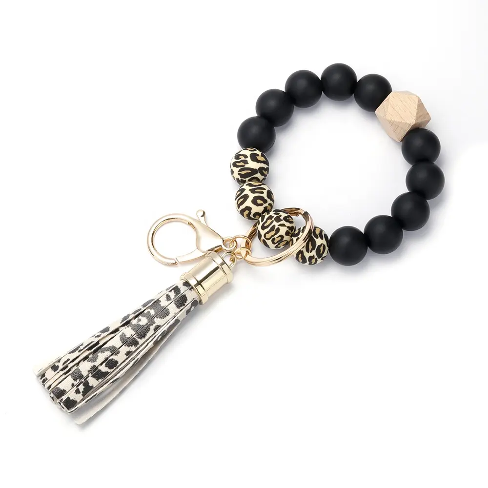 Leather Tassel Wooden Bead Keychain Wholesale Bracelet Keyring Silicone Bead Bracelet