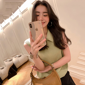 Custom Women's Casual Short <strong>Sleeveless</strong> <strong>Jumper</strong> for Spring Summer for <strong>Polo</strong> <strong>Neck</strong> Sweater in Solid Color with Front Logo - Product Image 3