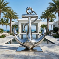 Statue d'ancrage moderne en acier inoxydable de grande taille avec détails de corde, sculpture métallique d'extérieur sur le thème maritime pour aménagement paysager