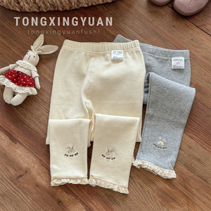 Girls Knitted Leggings Off White Grey Cotton Cartoon Rabbit Embroidery Spring Autumn Wear - Product Image 5