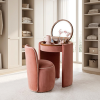 Ensemble coiffeuse moderne en bouclette crème avec miroir rabattable, tabouret et armoire pour chambre à coucher