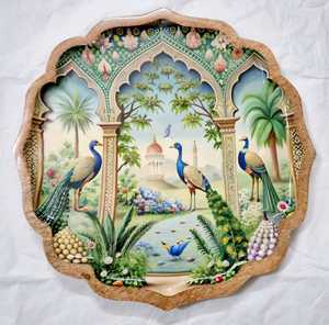 Plateaux de service en bois faits à la main avec travail Mina ustensiles de cuisine ethniques émail travail vaisselle plateaux de rangement en gros - Product Image 3