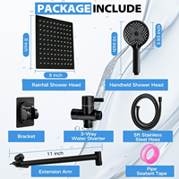 Ensemble de douche à effet pluie en acier inoxydable noir avec douchette à main, bras d'extension réglable et robinet de bain carré