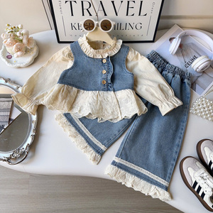 2025 traje <span class=keywords><strong>de</strong></span> bebé <span class=keywords><strong>de</strong></span> primavera y otoño para niña, conjunto <span class=keywords><strong>de</strong></span> dos piezas con estampado informal elegante, <span class=keywords><strong>chaleco</strong></span> vaquero sin mangas a la moda y pantalones largos - Product Image 2