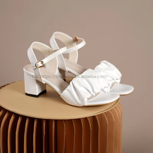 New Arrival Pleated Thick Heel Strap <b>Sandals</b> for Women Summer Plus Size Square Toe Open Toe Fashion High Heel <b>Sandals</b> - Product Image 4