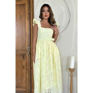 Vestido Largo Elegante Amarillo con Encaje Bordado, Cremalleras XL, Drapeado, Diamantes y Aberturas Translúcidas de Ganchillo para Fiestas y Días Festivos al por Mayor - Product Image 3