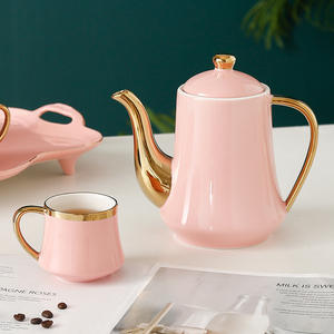 Ensemble de tasses à thé et à café pour la maison européenne, avec bordure dorée, ensemble de théière et de pot à eau avec plateau en céramique - Product Image 5