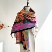 Nouvelle Écharpe Châle d'Hiver Longue 180 cm pour Femme, Motif Chat de Dessin Animé Coloré, Effet Peinture à l'Huile, Douce et Mignonne, Type Cachemire, Accessoire Chaud et Confortable