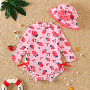 <span class=keywords><strong>Maillot</strong></span> <span class=keywords><strong>de</strong></span> <span class=keywords><strong>bain</strong></span> une pièce à manches longues pour bébé fille avec chapeau, imprimé fraises, protection anti-UV à volants, tenue <span class=keywords><strong>de</strong></span> plage pour nourrisson, vente en gros - Product Image 4