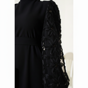 Vestido manga tul floral cinturón negro - Product Image 1