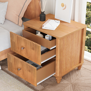 Fluted Nightstand 21.65 In Wide 3 <b>Drawer</b> Mid Century Modern Wood <b>Bedside</b> <b>Table</b> With Metal Handle - Product Image 3