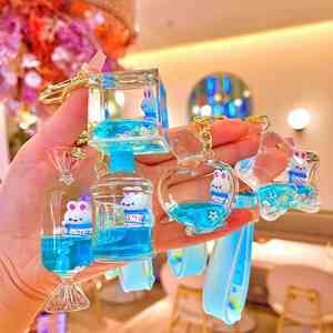 New Creative Crystal Rabbit Cute Keychain Luxury Floating Cute Moving Liquid Quicksand <b>Key</b> <b>Ring</b> for Women Bag Pendant - Product Image 1