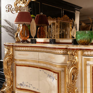 Aparador de Lujo Estilo Europeo Real, Acabado Crema y <span class=keywords><strong>Dorado</strong></span>, Tallado a Mano con Filigrana Dorada, Mueble Buffet de Madera Maciza con <span class=keywords><strong>Espejo</strong></span> para Villa - Product Image 4