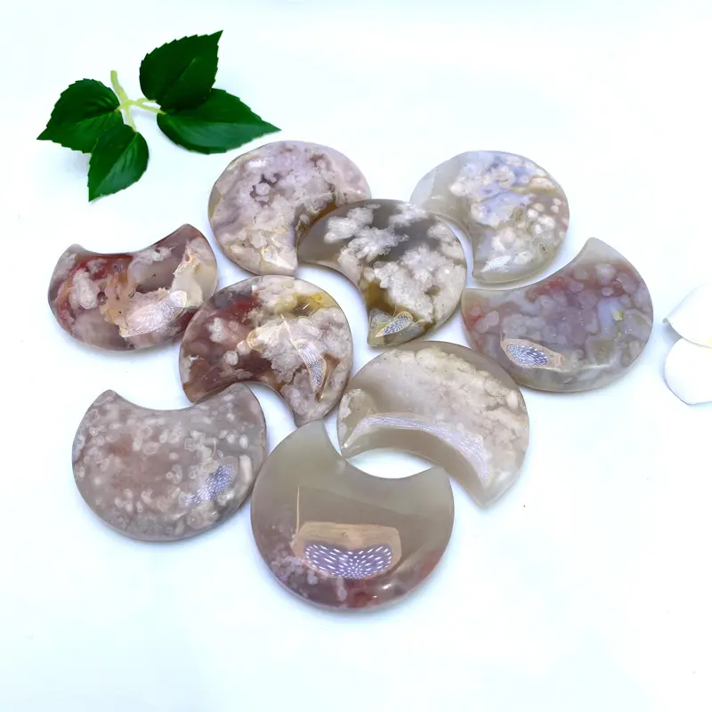 Wholesale Natural Healing Stone Flower Agate Moon Hand Carved Crystal Moon Carving For Decoration