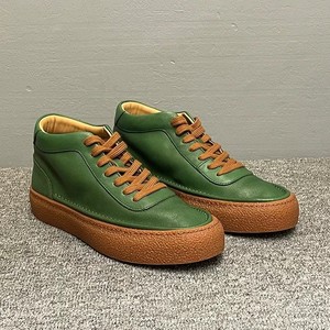 Genuine Leather High-<b>Top</b> Sneakers Men Mid-Heel Thick Sole Casual Shoes Retro Cowhide <b>Walking</b> Style Green Brown Lace-Up - Product Image 3