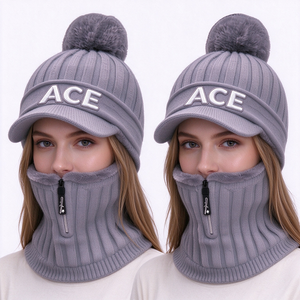 ACE <b>Pom</b> <b>Pom</b> Brim Beanie <b>Hat</b> with Brim Rib Knit <b>Hat</b> Fleece Lined Zipper Neck Warmer Face Cover Outdoor Ski Cycling - Product Image 1