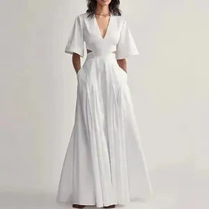 2023 однотонная женская летняя одежда с V-образным вырезом, с поясом сзади и коротким рукавом, плиссированное элегантное женское платье