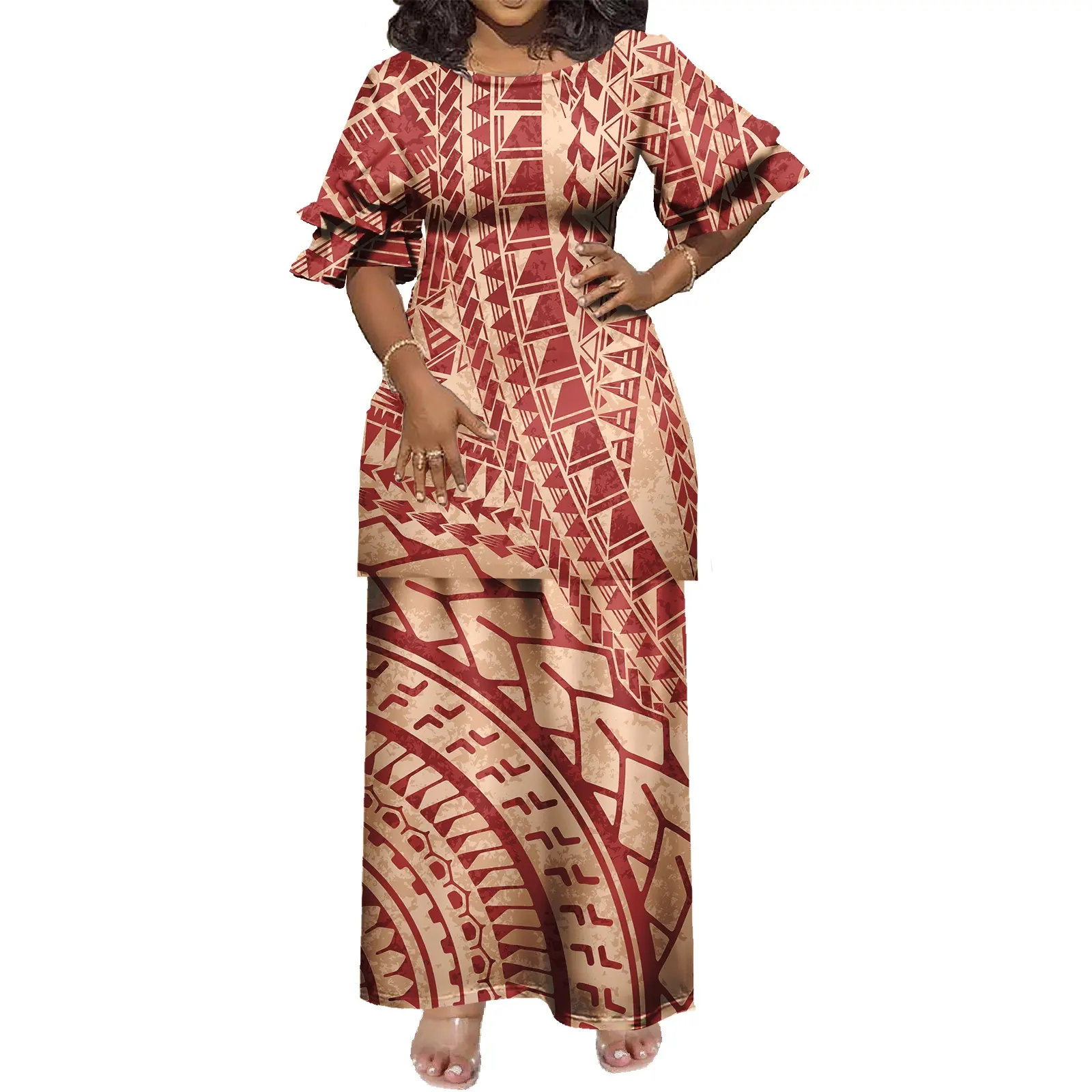Custom Logo Polynesian Tribal Half Sleeve Puletasi Top And Skirt Two Piece Set O-Neck Dresses Samoan Style Puletasi Dress