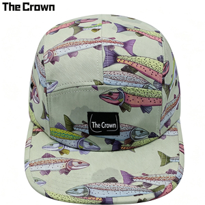 Custom Logo Cotton Twill Trout Print 5 Panel Camp <b>Cap</b> Wholesale Bulk Woven Patch <b>Hat</b> Flat Brim Manufacturer - Product Image 1