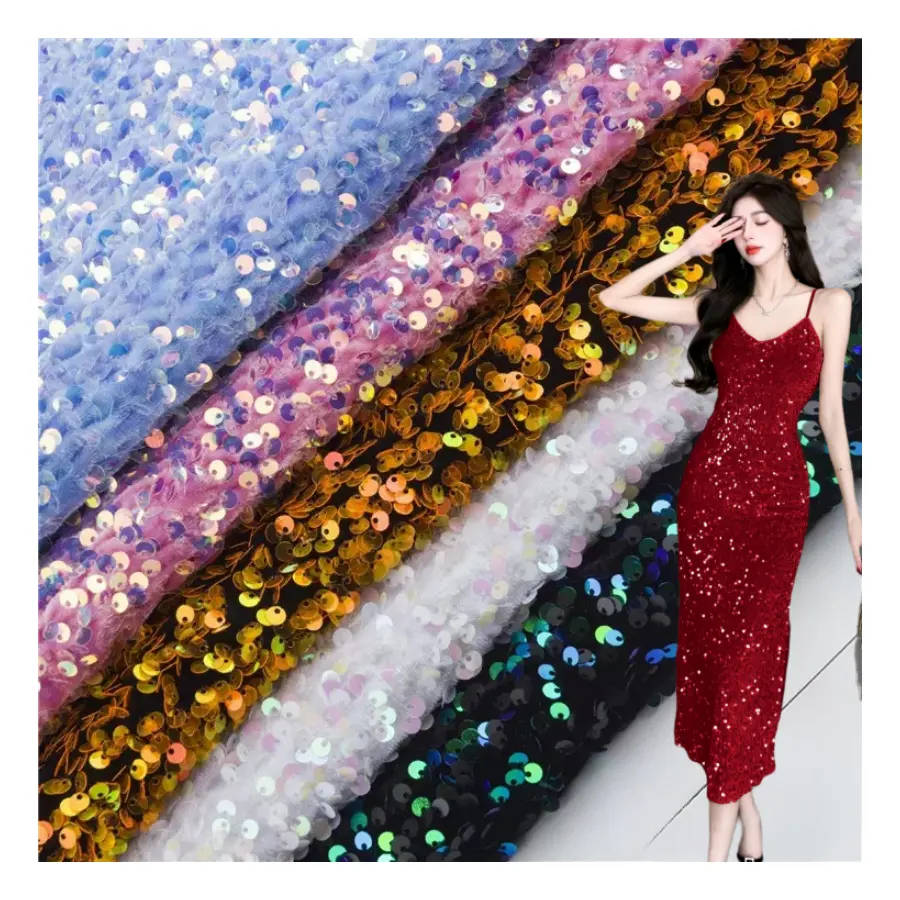 affinity high quality fashion velvet embroidered fabric 5mm shiny multi-color Stock 3D sequin velvet lace fabric