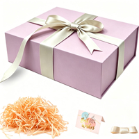 Boîte cadeau magnétique pliable violette, boîte pliable avec rembourrage en papier déchiqueté en raphia, carte de vœux et ruban en satin