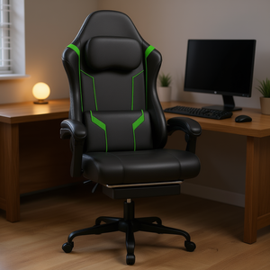 Chaise de jeu ergonomique avec coussin à ressorts ensachés et repose-pieds, chaise de bureau en cuir PU réglable en hauteur, inclinable manuellement - Product Image 2