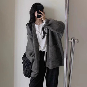 Gray Cardigan Sweater Women Autumn Winter 2025 Loose Knit Top Outerwear Solid Color Simple Style - Product Image 3
