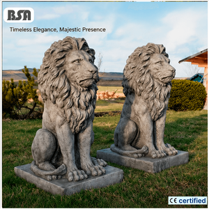 Paire de statues de lions assis en pierre grises certifiées CE BSA |   Lions gardiens sculptés à la main pour l'entrée de la villa, la cour et le portail de la ferme - Product Image 1
