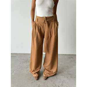 Pantalones Cargo Casuales PALAZZO Beige de Cintura Alta con Cintura Elástica, Tela Transpirable, Estilo Acampanado con Detalle de Cinturón, Talla XL - Product Image 5