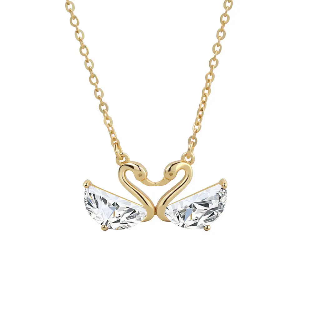 Daidan Valentines Day Love Silver 18K Gold Plated Chain Romantic Double Swan Silver Necklace