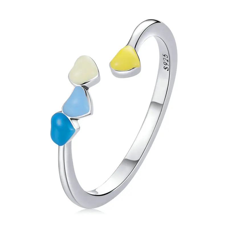 새로운 디자인 925 스털링 실버 여성 보석 무지개 다채로운 오픈 하트 에나멜 반지