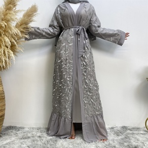 1711 #   Kimono cardigan de luxe en dentelle à motifs de feuilles, broderie de Dubaï, abaya ouverte pour femmes musulmanes - Product Image 3