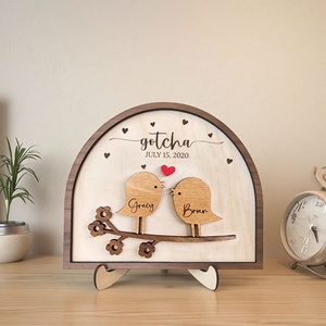 ป้ายไม้คู่รักพร้อมตัดด้วยเลเซอร์สำหรับเป็นของขวัญคู่รักลายนกคู่รักสัญลักษณ์ไม้คู่รักของตกแต่งบ้านทำจากไม้ - Product Image 1