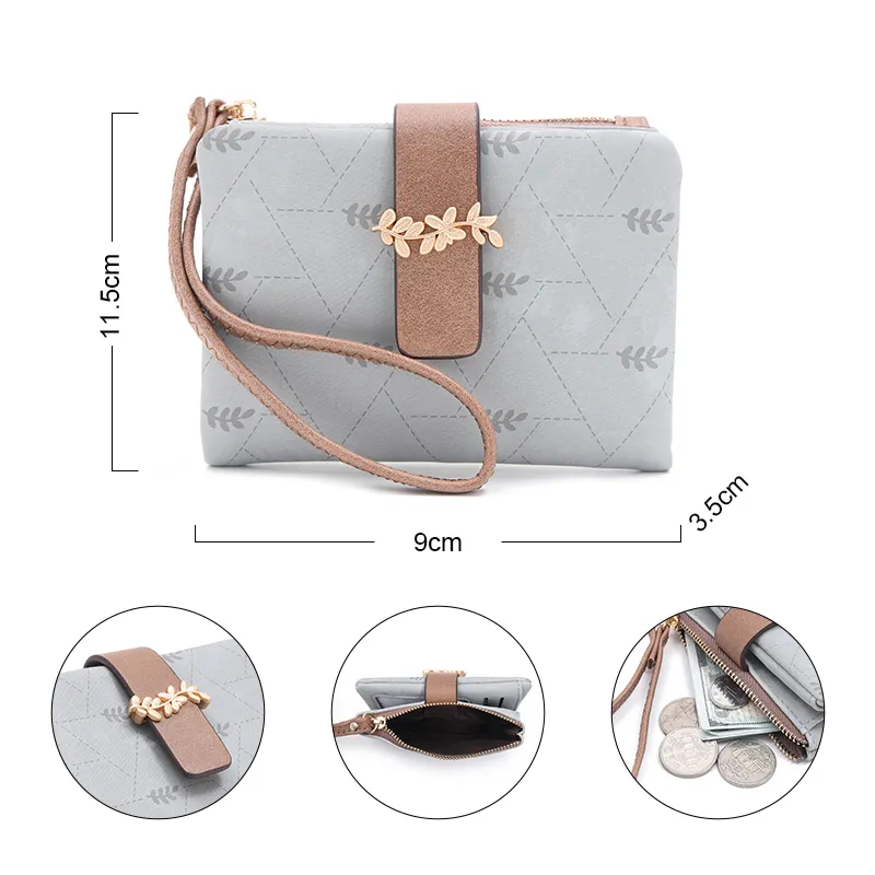 Prettyzys dames portefeuille coréen gris givré feuille impression portable bracelet portefeuille grande capacité sac à main