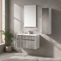 Meuble-lavabo flottant minimaliste blanc et gris avec tiroirs sans poignées, miroir sans cadre et armoire de rangement, certifié CE