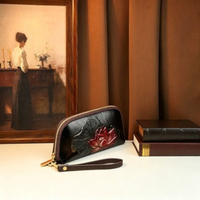 Tas Clutch Wanita Kulit Motif Bunga Teratai 3D Vintage, Dompet Panjang Gaya Oriental Elegan dengan Tali Pergelangan Tangan