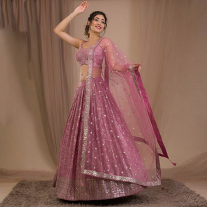 Pink Zari Embroidered Indian Digital Print Heavy <b>Lehenga</b> Choli Floor-Length Silk Wedding Party Outfit <b>Women</b> - Product Image 1