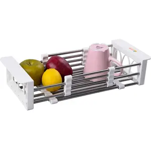 BAOYOUNI Metal 38.5~56cm Telescopic Draining Basket Over Sink Vegetable Fruit Adjustable Wash Rack Kitchen Dish Drying Rack